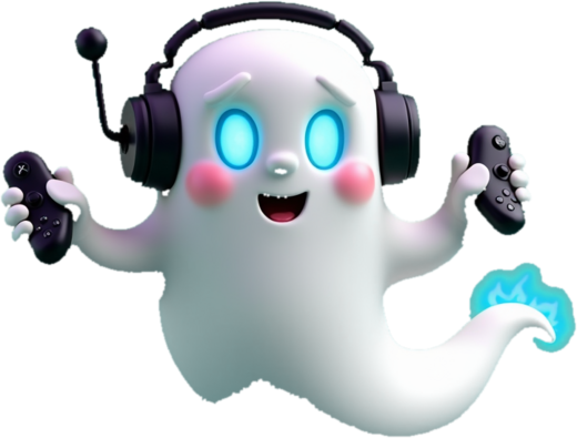 The Host Ghost mascot holding a game controller